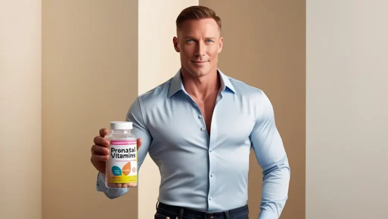 Can Men Take Prenatal Vitamins? The man looking thoughtful or curious, holding a bottle of prenatal vitamins