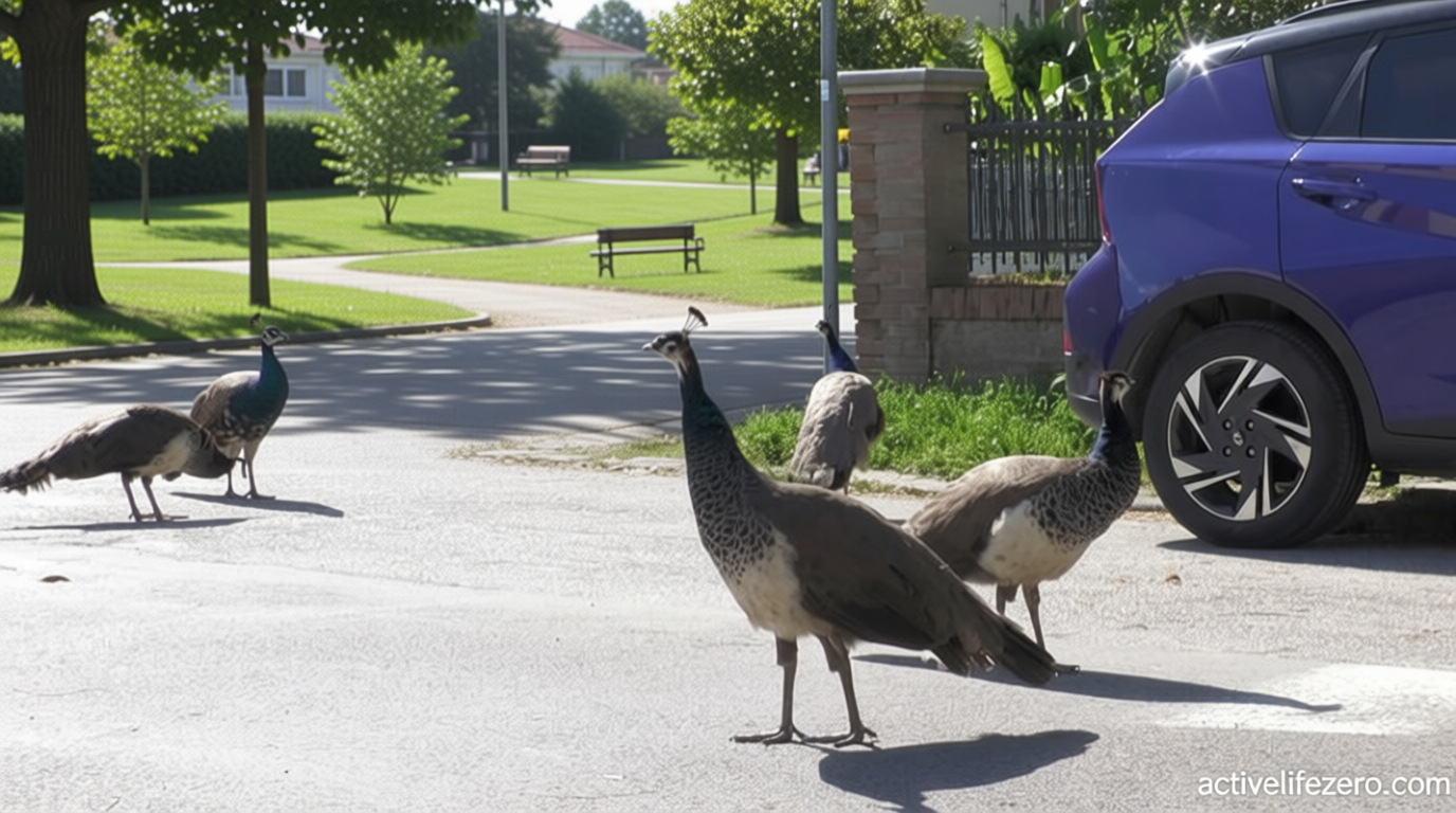 Horde of amorous peacocks ruffles feathers in Italian seaside town